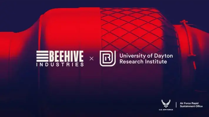 Zusammenarbeit von Beehive Industries, UDRI und der U.S. Air Force für die Entwicklung 3D-gedruckter Jet-Triebwerke. Logo von Beehive Industries und University of Dayton Research Institute mit Hinweis auf die Zusammenarbeit zur Entwicklung 3D-gedruckter Jet-Triebwerke für die U.S. Air Force.
