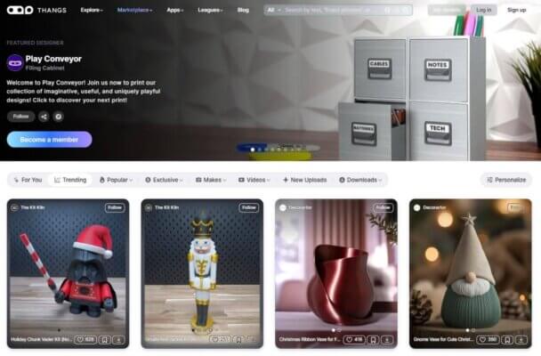 Thangs Startseite – 3D-Designs und Integration mit Shapeways Screenshot der Thangs-Startseite mit 3D-Designs und Optionen für digitale und physische Produkte