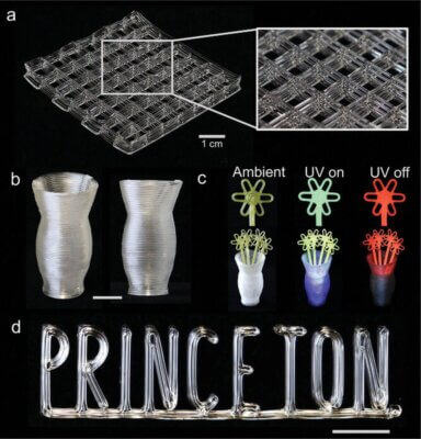 3D-gedruckte Gitter, Vasen und UV-reaktive Strukturen aus thermoplastischen Elastomeren mit Blockcopolymeren von Princeton. Detailaufnahme 3D-gedruckter Strukturen, darunter ein stabiles Gitter, freistehende Vasen mit hohem Aspektverhältnis und UV-reaktive Objekte, die die Präzision und Funktionalität der Blockcopolymer-Technik der Princeton University demonstrieren.
