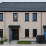 Fertiggestelltes Sozialwohnungsprojekt in Grange Close, Irland, gebaut mit 3D-Drucktechnologie, 35 % schnellere Bauzeit.
