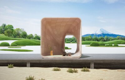 3D-gedrucktes Teehaus The Warp aus recyceltem Holz, präsentiert auf der Dubai Design Week Das Teehaus The Warp, gefertigt aus recyceltem Holz und mithilfe von 3D-Druck, inspiriert von traditionellen japanischen Holzverbindungen, vor einer Kulisse mit Garten und Berg