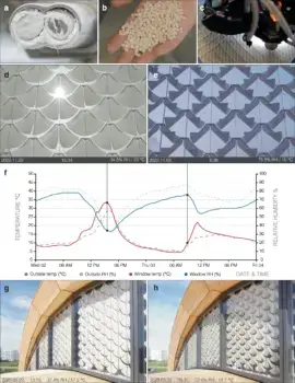 Adaptive Zelluloseelemente des „Solar Gate“-Systems, gefertigt per 4D-Druck, getestet in flacher und eingerollter Konfiguration unter verschiedenen Wetterbedingungen