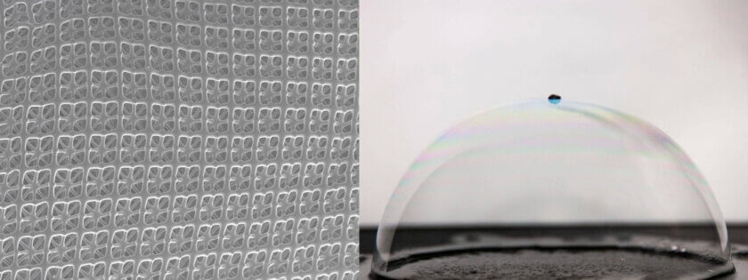 Nanoarchitektierte Struktur schwebt auf einer Seifenblase – demonstriert Leichtigkeit und Festigkeit durch maschinelles Lernen und 3D-Druck. Optimierte Nanolattice-Struktur aus Kohlenstoff, erstellt mit maschinellem Lernen und 3D-Druck, schwebt auf einer Seifenblase und zeigt ihre außergewöhnliche Leichtigkeit.