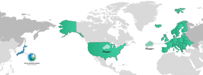 Phase3D und Taiyo Nippon Sanso erweitern 3D-Druck-Inspektion in Japan Weltkarte mit Phase3D- und Taiyo Nippon Sanso-Logos, die die internationale Expansion von Phase3D in Japan durch eine Partnerschaft mit Taiyo Nippon Sanso Corporation zeigen.