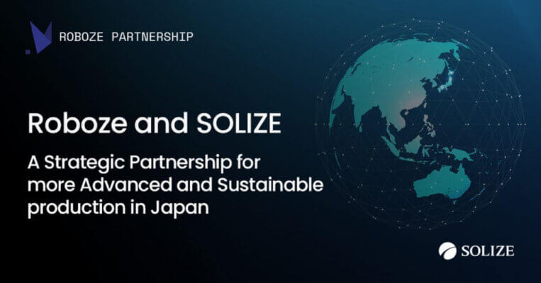 Weltkarte mit Schwerpunkt auf Asien und Text zur Partnerschaft zwischen Roboze und SOLIZE für fortschrittliche 3D-Drucklösungen in Japan.