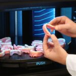 3D-Drucker Stratasys J5 DentaJet™ mit mehrfarbigen Zahnprothesen auf dem Druckbett