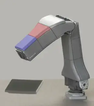 Roboterarm mit 3D-gedruckter Haut und drucksensitiven Sensoren Ein moderner Roboterarm mit flexiblen, 3D-gedruckten Pads aus TPU, die Berührungen erkennen und für mehr Sicherheit sorgen.