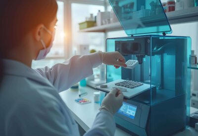 Apotheker entnimmt eine 3D-gedruckte Kautablette aus einem medizinischen 3D-Drucker in einer sterilen Laborumgebung