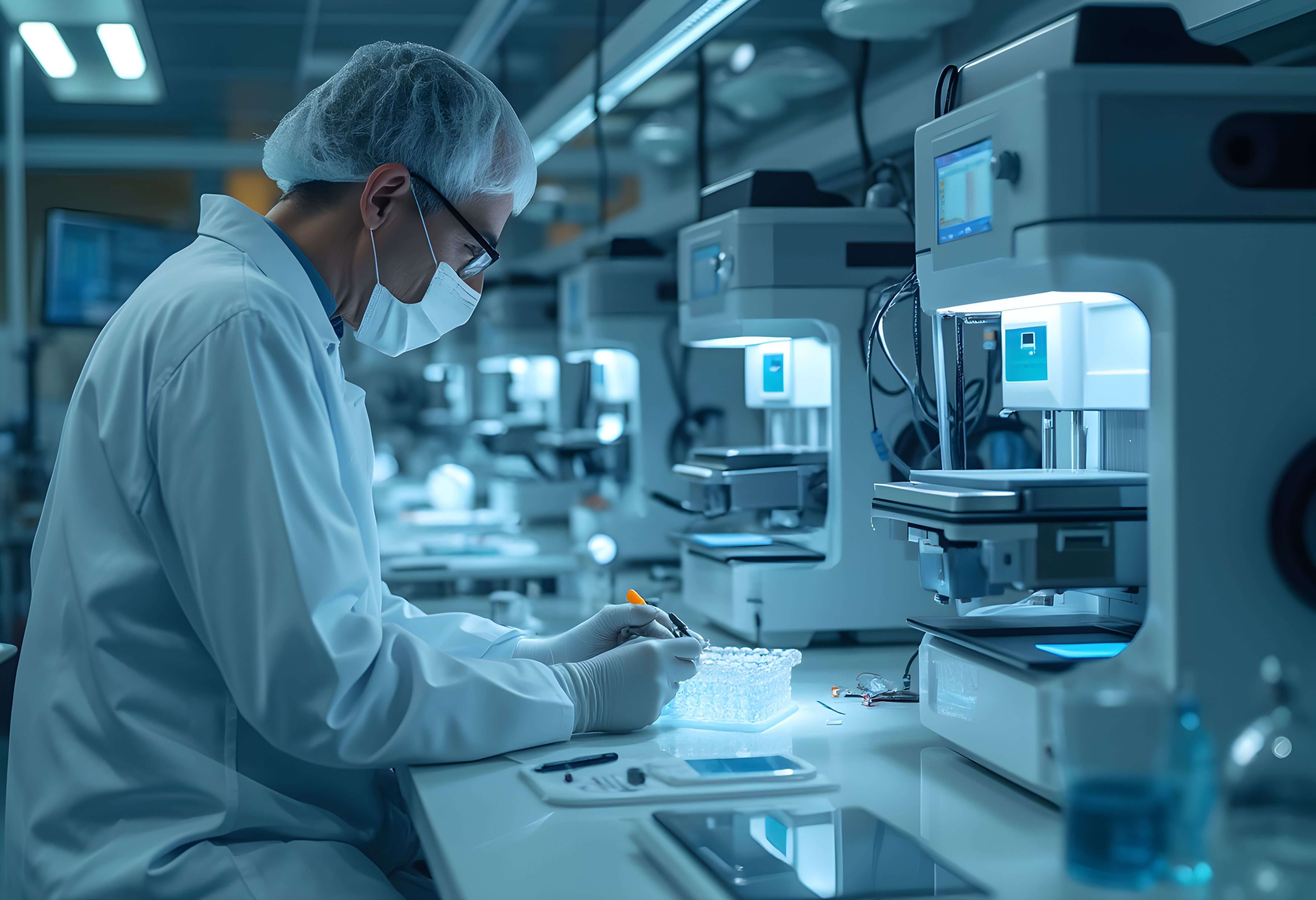 Ein Wissenschaftler in Laborkleidung arbeitet mit präzisen Instrumenten an einem 3D-gedruckten Gewebeimplantat in einem hochmodernen Biotechnologie-Labor mit 3D-Biodruckern