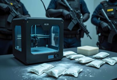 3D-gedruckte Kokain-Attrappen – Ex-Polizist nutzte 3D-Drucker für Drogendiebstahl Ein 3D-Drucker auf einem Tisch mit weißen Päckchen, die als Drogenattrappen dienen, während bewaffnete Polizisten im Hintergrund stehen.