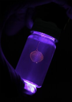 Nahaufnahme einer mit eingebettetem 3D-Druck hergestellten Spiralstruktur in einem Gelmedium, beleuchtet mit UV-Licht