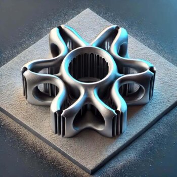 Metallisches 3D-gedrucktes Bauteil mit komplexer Struktur auf einer Druckplattform, umgeben von Pulverresten