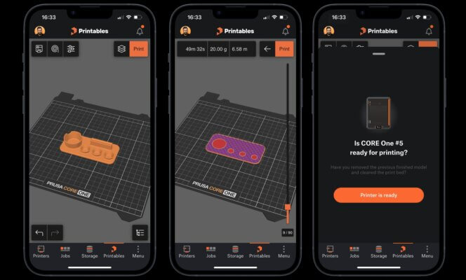Screenshot der EasyPrint-Software von Prusa auf einem Smartphone mit 3D-Druck-Vorschau und Druckstartoption