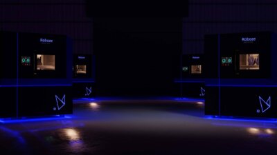 Industrielle 3D-Drucker Roboze ARGO 500 mit blauer LED-Beleuchtung in einem Produktionsumfeld