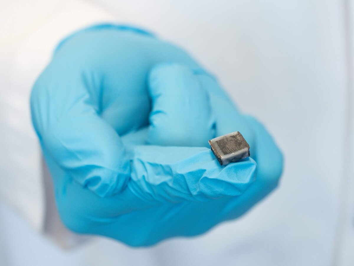 Nahaufnahme eines 3D-gedruckten weichen Aktors, gehalten von einer Person mit blauen Handschuhen, entwickelt für Anwendungen in der Robotik und Medizin