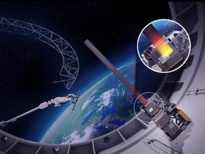 DARPA NOM4D: Autonome Satellitenmontage und 3D-gedruckte Strukturen im Orbit Illustration eines autonomen Roboters, der eine Satellitenstruktur im Weltraum zusammensetzt, Teil des DARPA NOM4D-Programms zur orbitalen Fertigung