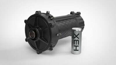 H3X HPDM-180R Elektromotor mit integrierter Getriebeeinheit und 3D-gedruckter Kühlhülle HPDM-180R Elektromotor von H3X mit 3D-gedruckter Kühlung und kompaktem Design