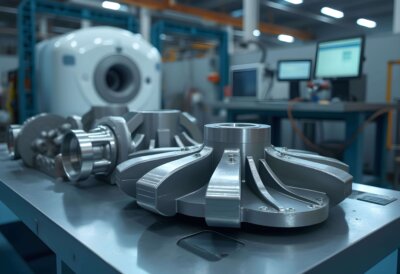 Metallische 3D-Druck-Bauteile in industrieller Umgebung mit Prüf- und Fertigungstechnik im Hintergrund
