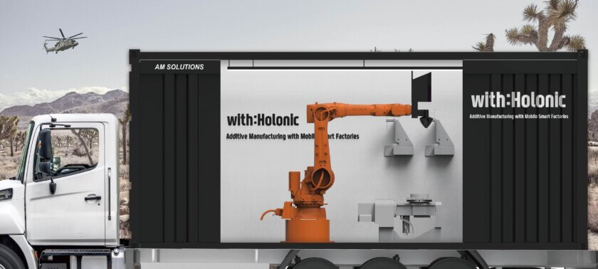 Mobiler 3D-Druckcontainer von AM Solutions mit KUKA-Roboter zur additiven Fertigung im militärischen Einsatz