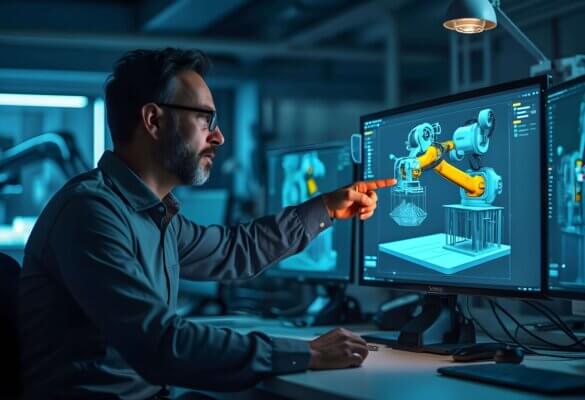 Ein Ingenieur betrachtet eine 3D-Software-Simulation eines Roboters für den multi-achsigen 3D-Druck auf einem Bildschirm