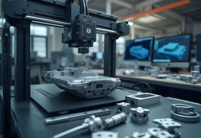 Ein 3D-Drucker produziert ein mechanisches Bauteil für ein Militärfahrzeug, um die Wartung und Reparatur durch additive Fertigung zu erleichtern.