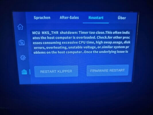 „MCU MKS_THR shutdown“ auf dem QIDI TECH X-Max 3 Display.