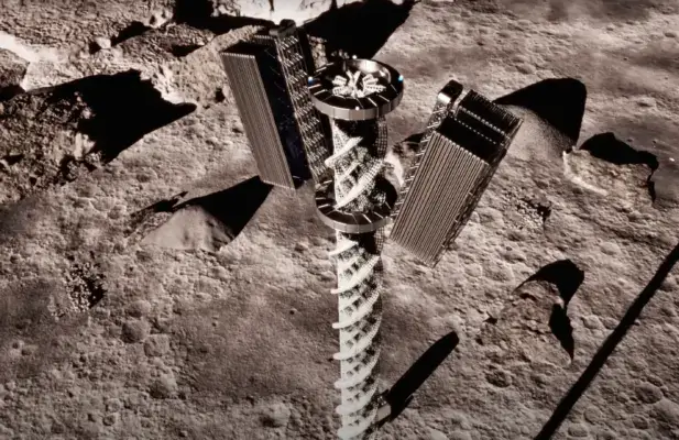 Spiralförmige 3D-Druckstruktur mit Solarflächen auf dem Mond von Foster + Partners Spiralturm mit seitlich ausklappbaren Solarpanels auf der Mondoberfläche, entworfen von Foster + Partners