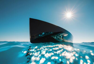 Vorderansicht eines glänzenden, schwarzen 3D-gedruckten Bootsrumpfs von ErectorCraft, der auf dem offenen Meer fährt