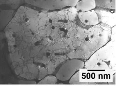Elektronenmikroskop zeigt Quasikristalle in 3D-gedrucktem Aluminium mit strukturverstärkenden Defekten Mikroskopbild von Aluminium-Zirkonium-Legierung mit Quasikristallen und kristallinen Defektlinien zur Festigkeitssteigerung