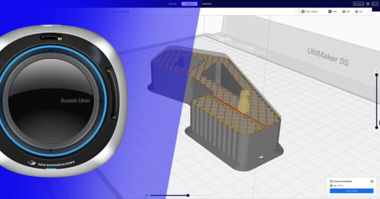 3Dconnexion SpaceMouse Bluetooth Edition im Einsatz mit UltiMaker Cura 5.10 zur Modellvorbereitung SpaceMouse Bluetooth Edition von 3Dconnexion mit Cura 3D-Druck-Vorschau auf UltiMaker S5