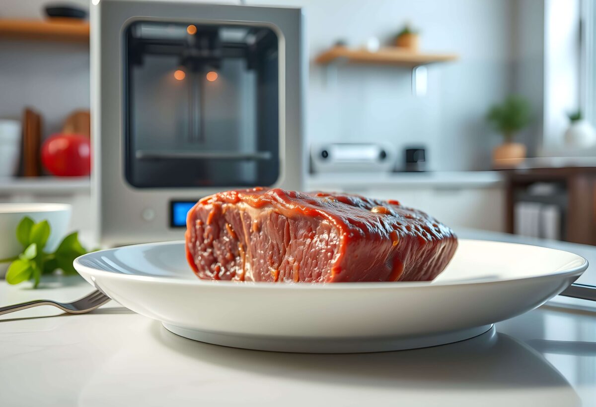 Künstlich erzeugtes Stück Fleisch aus dem 3D-Drucker liegt auf einem weißen Teller vor einem 3D-Lebensmitteldrucker in einer modernen Küche