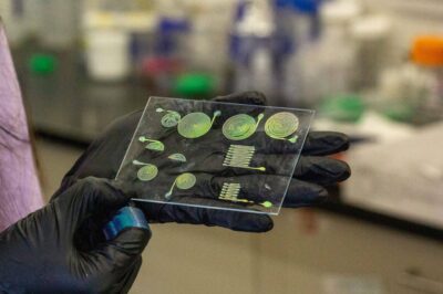 Nahaufnahme einer Forscherin, die ein transparentes Trägermaterial mit spiralförmigen, farbverändernden 3D-Druckstrukturen aus CLCE-Material in der Hand hält