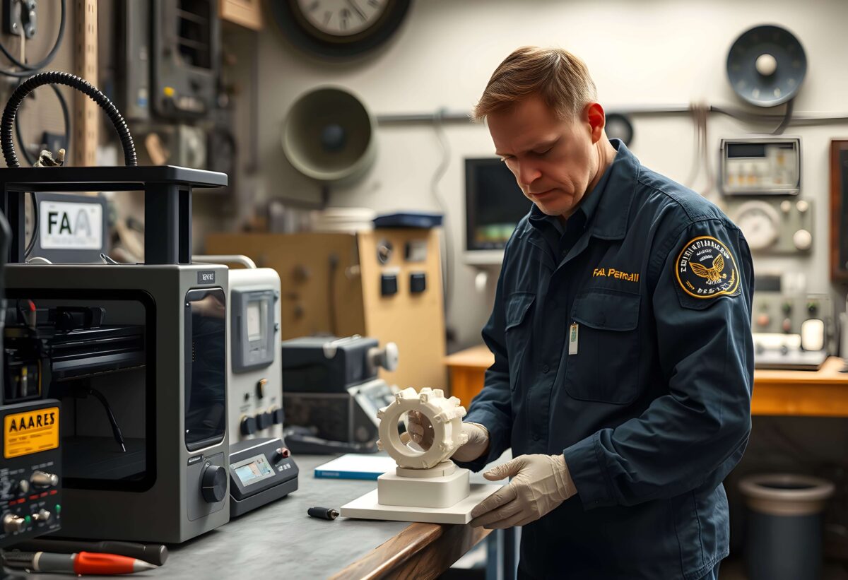 So könnte es bei der FAA aussehen: KI-generiertes Bild mit Techniker, der ein 3D-gedrucktes Ersatzteil neben einem 3D-Drucker untersucht