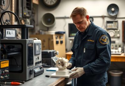 So könnte es bei der FAA aussehen: KI-generiertes Bild mit Techniker, der ein 3D-gedrucktes Ersatzteil neben einem 3D-Drucker untersucht