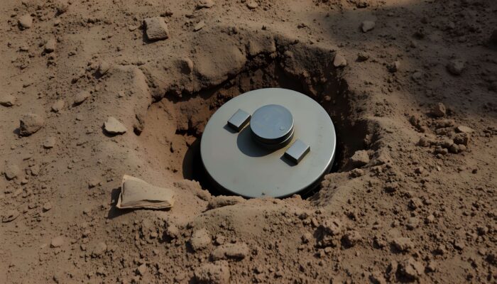 Teilweise eingegrabene Panzerabwehrmine in sandigem Boden, symbolisiert Einsatz von 3D-Drucktechnik im Ukrainekrieg