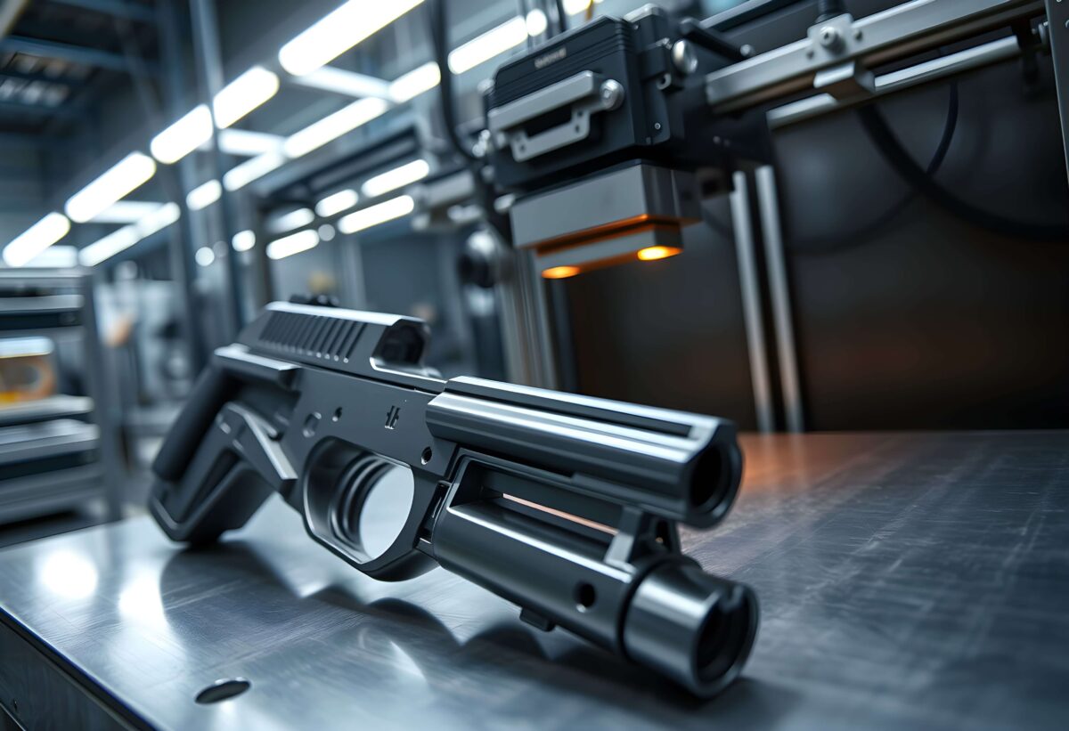 Symbolbild einer mit industriellem Metall-3D-Druck gefertigten Schusswaffe, exemplarisch für den Herstellungsprozess bei Redacted Industries