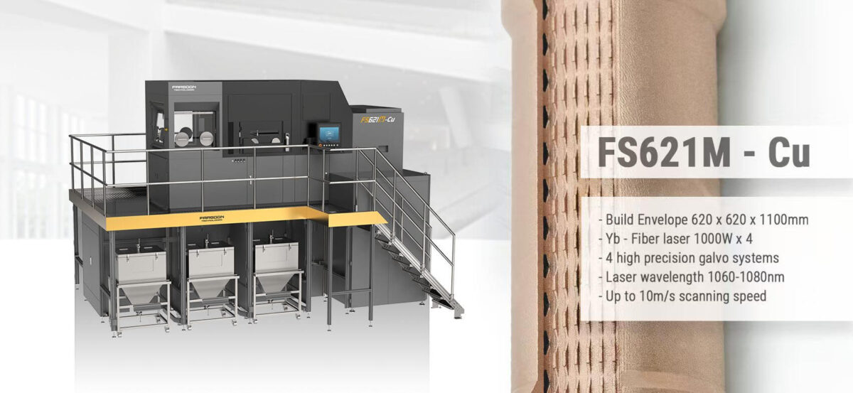 Großformatiger Metall-3D-Drucker Farsoon FS621M-Cu mit vier 1000W-Lasern zur Fertigung komplexer Kupferbauteile