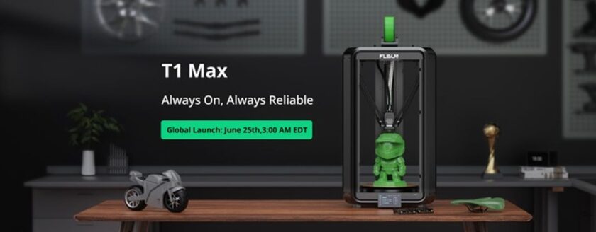 FLSUN T1 MAX 3D-Drucker auf einem Tisch mit grünem Astronaut-Modell beim Druckvorgang und Launch-Informationen im Hintergrund