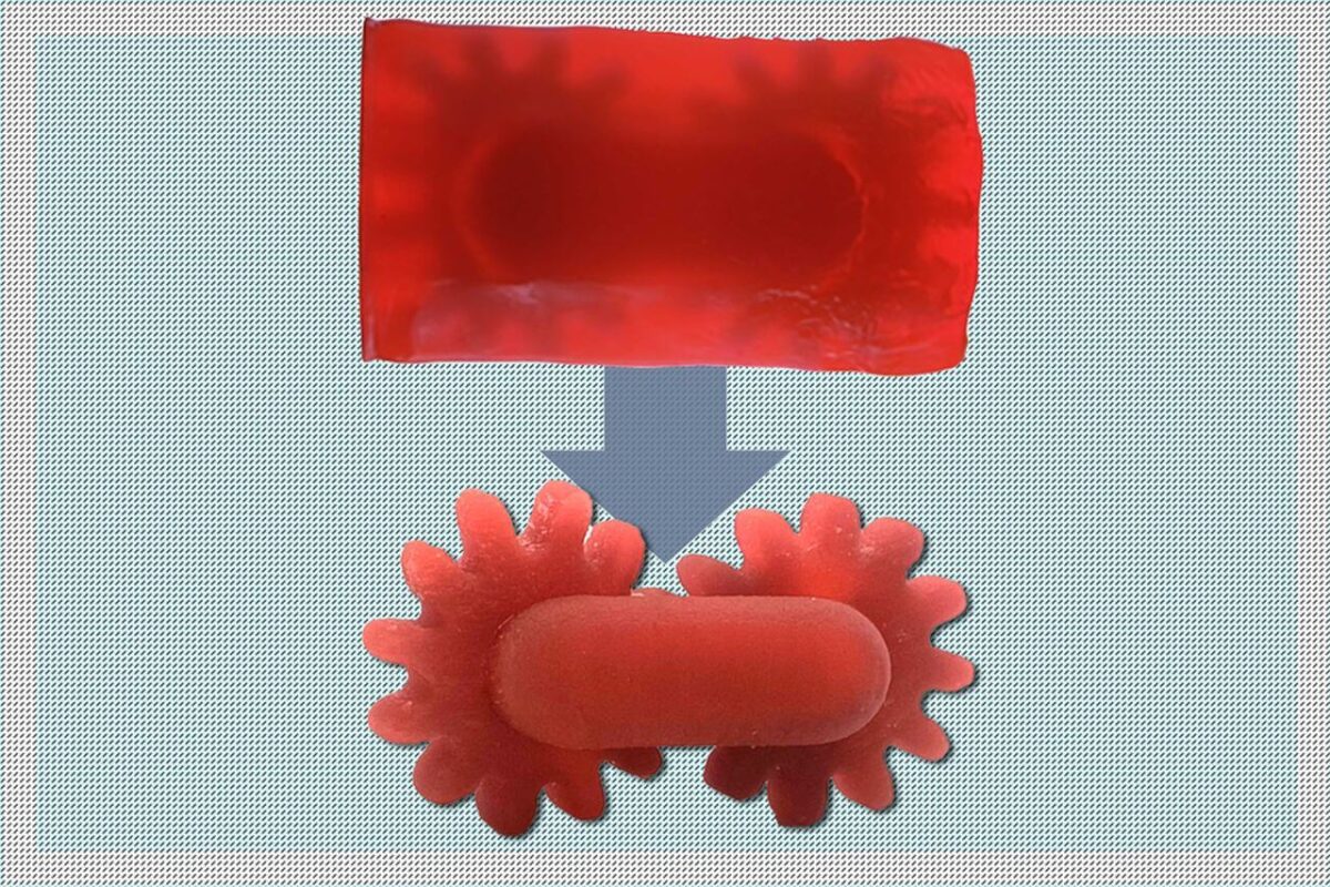 Zwei miteinander verbundene rote Zahnräder, 3D-gedruckt mit dem neuen Harz vom MIT, das durch Licht selektiv löslich oder stabil wird