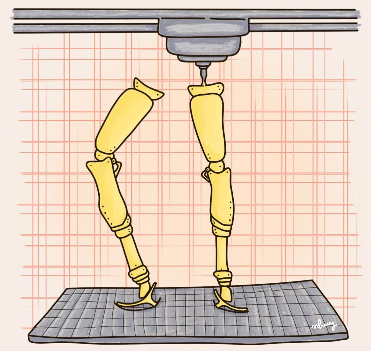 Illustration eines 3D-Druckers, der ein Beinmodell mit weichen und harten Komponenten gleichzeitig herstellt